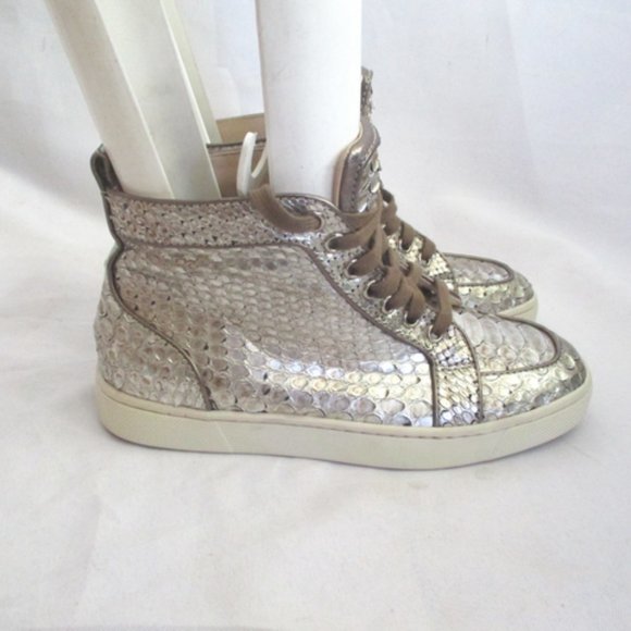 Christian Louboutin Shoes - Christian Louboutin Silver Metallic Snakeskin High-Top Sneakers